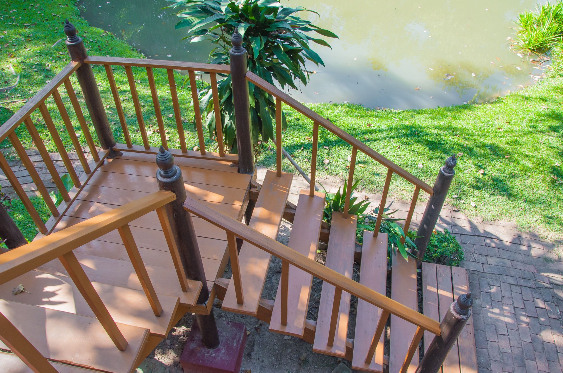 wooden staircase interior in the garden woodhouse at Thailand, thai house style